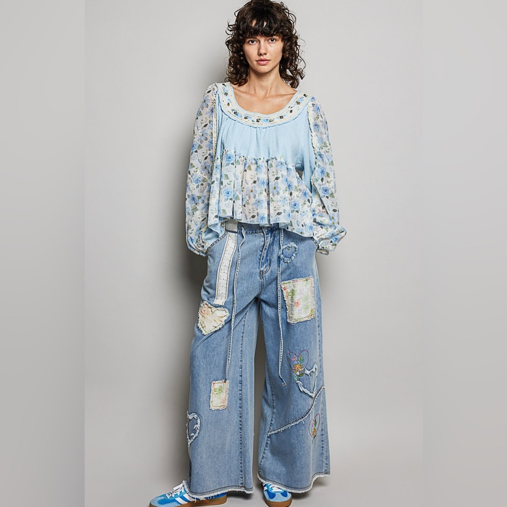 One Left!...POL Light Blue Floral Peasant Blouse - Picture 2 of 6
